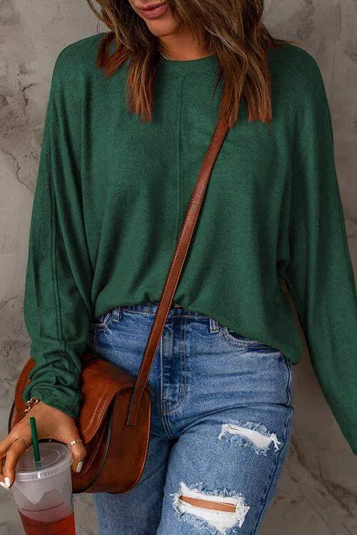 Seam Detail Round Neck Long Sleeve Top Women's T-Shirts - Tophatter Daily Deals