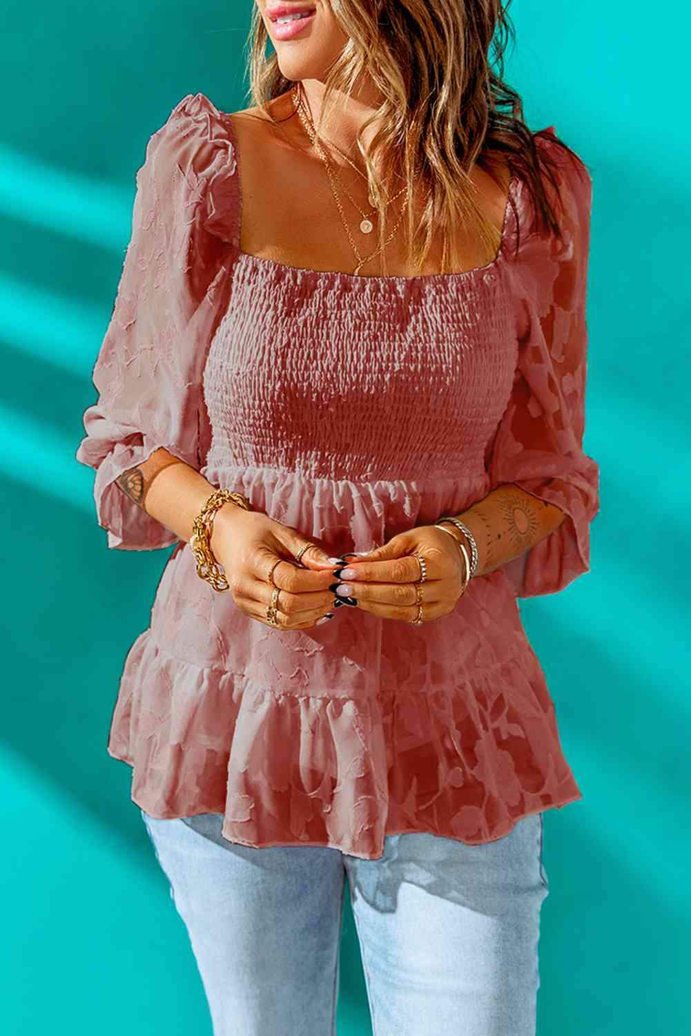 Applique Flounce Sleeve Smocked Peplum Top Mauve Blouses - Tophatter Daily Deals