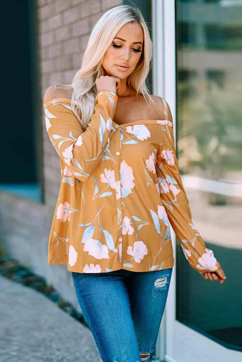 Floral Cold-Shoulder Long Sleeve Top Blouses - Tophatter Daily Deals