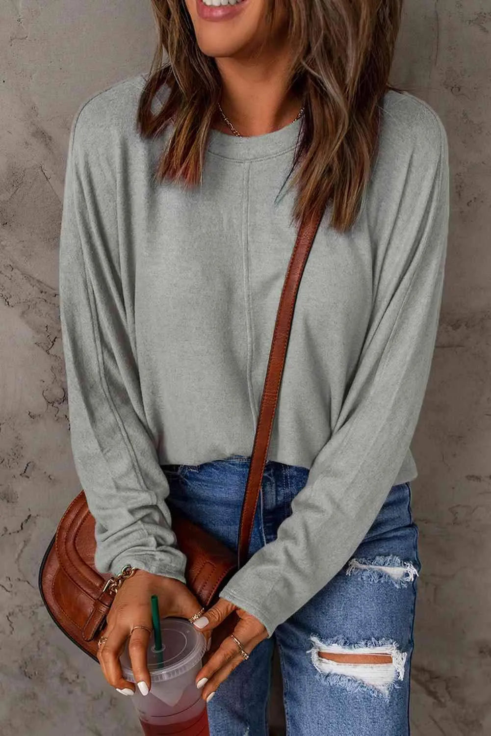 Seam Detail Round Neck Long Sleeve Top Gray Women's T-Shirts - Tophatter Daily Deals