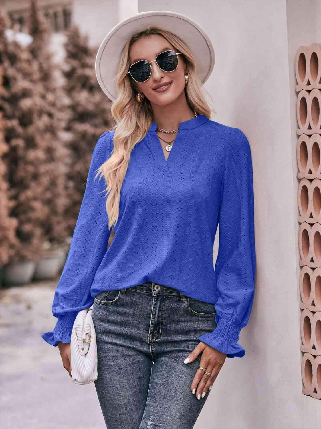 Double Take Eyelet Notched Neck Flounce Sleeve Blouse Cobalt Blue Blouses - Tophatter Daily Deals