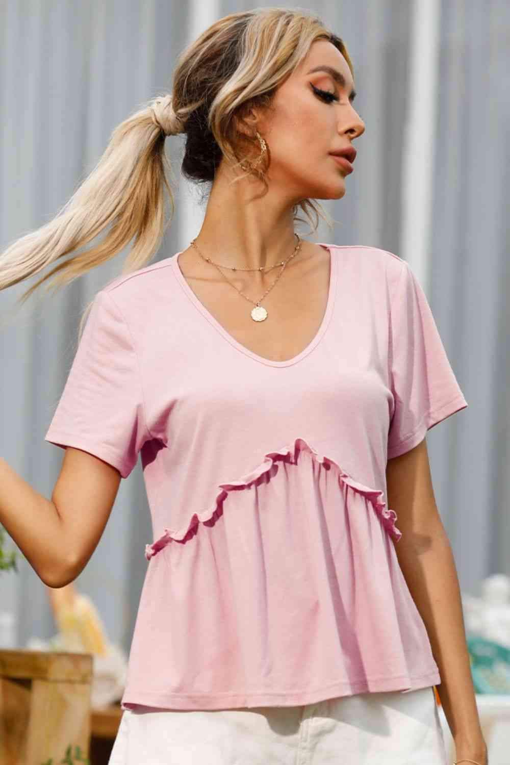 Frill Trim Short Sleeve Tee Women's T-Shirts - Tophatter Daily Deals