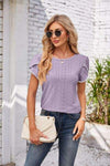 Eyelet Round Neck Petal Sleeve T-Shirt Women's T-Shirts - Tophatter Daily Deals