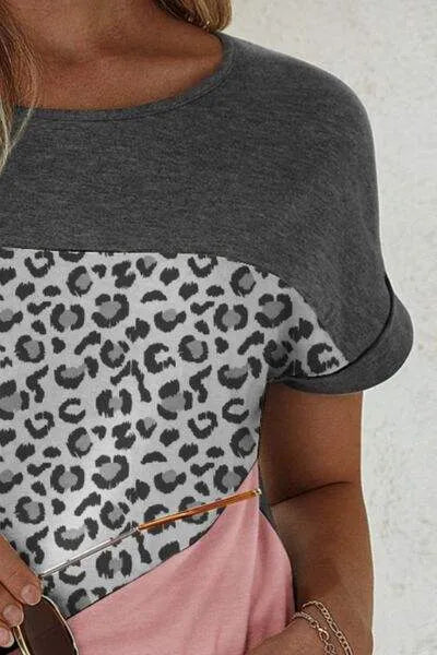 Leopard Round Neck Short Sleeve T-Shirt Women's T-Shirts - Tophatter Daily Deals