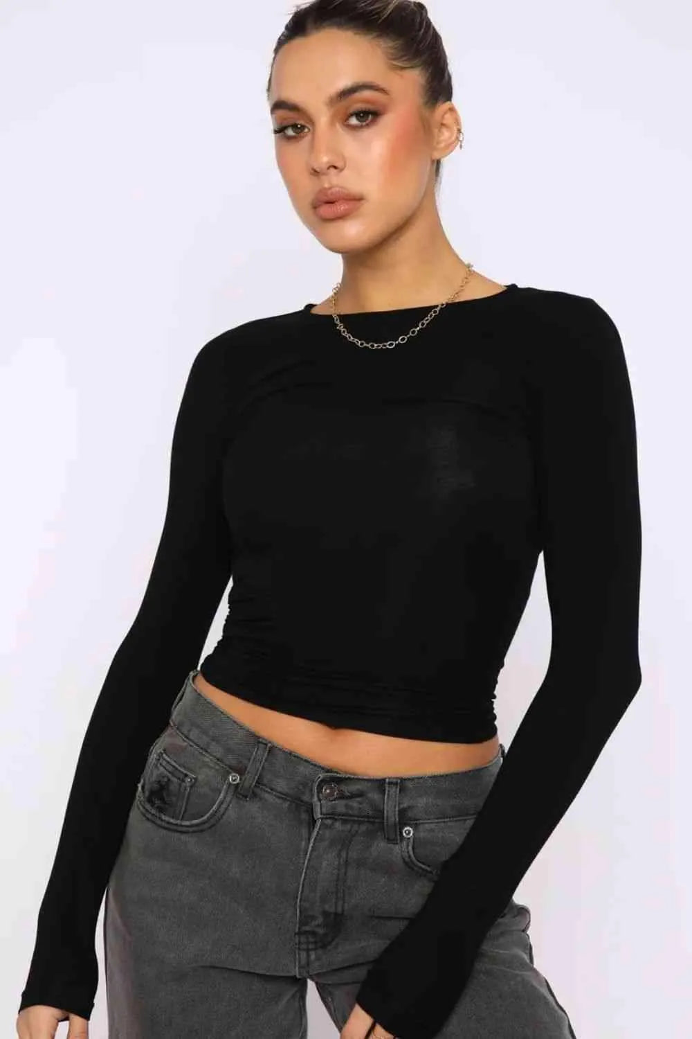 Round Neck Long-Sleeve Top Black Blouses - Tophatter Daily Deals