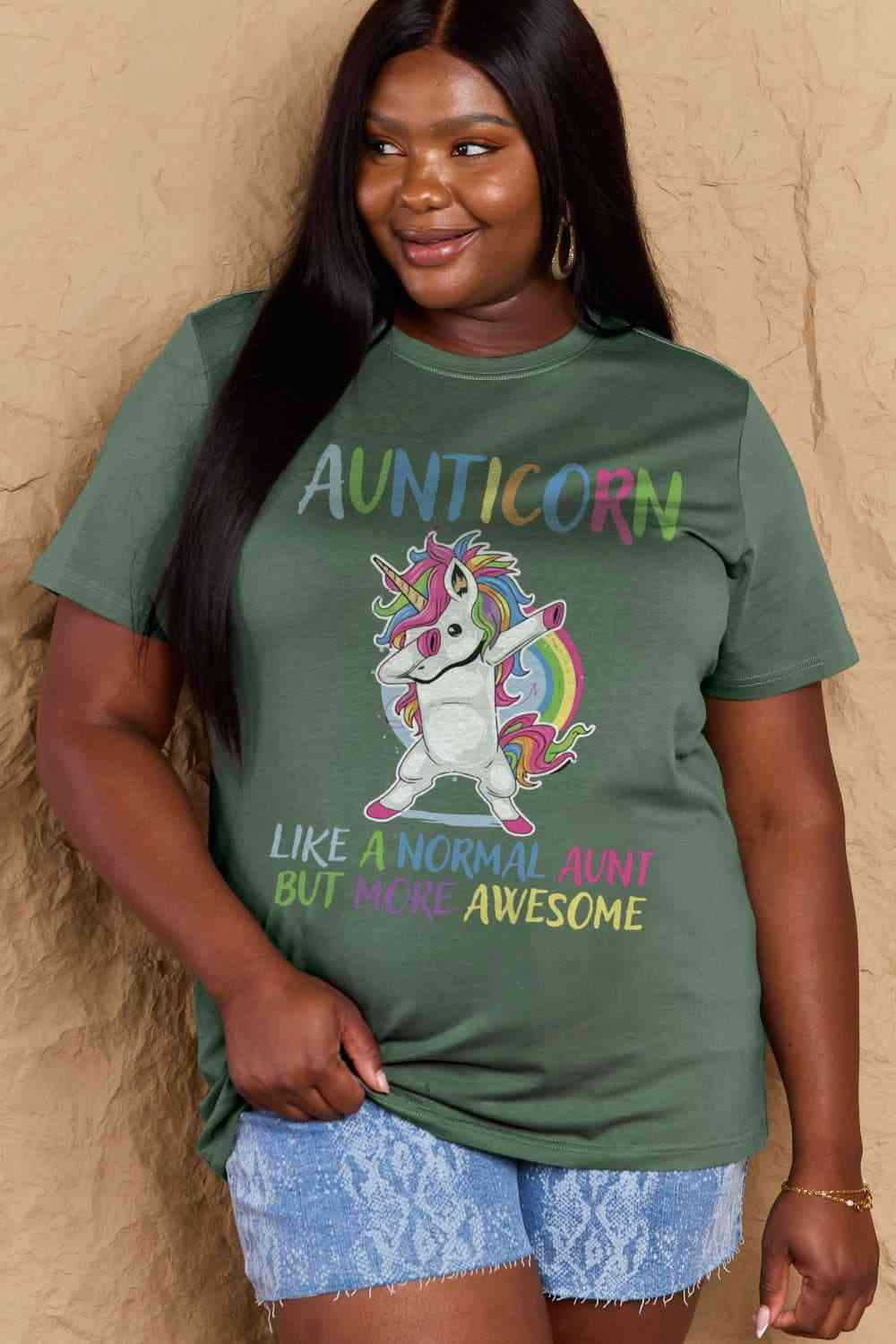 Simply Love Full Size AUNTICORN LIKE A NORMAL AUNT BUT MORE AWESOME Graphic Cotton Tee Green Women's T-Shirts - Tophatter Daily Deals