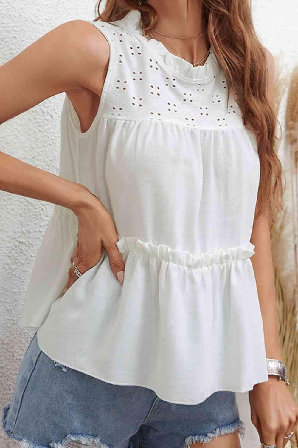 Frill Trim Round Neck Sleeveless Top White Blouses - Tophatter Daily Deals