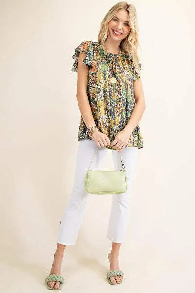 Kori America Full Size Printed Ruffle Hem Cap Sleeve Blouse Blouses - Tophatter Daily Deals