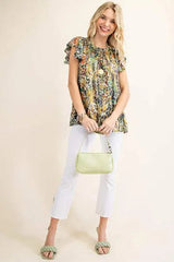 Kori America Full Size Printed Ruffle Hem Cap Sleeve Blouse Blouses - Tophatter Daily Deals