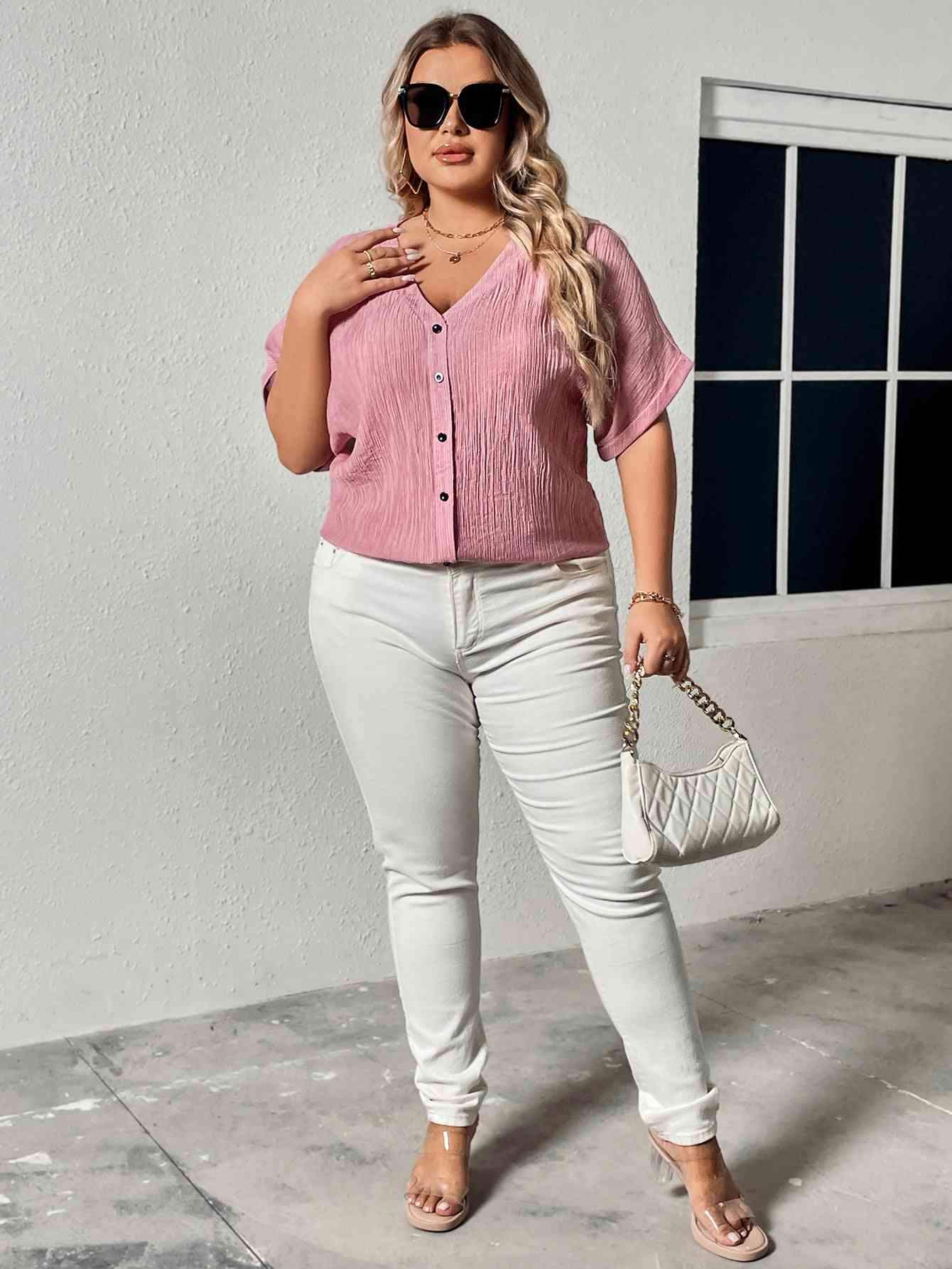 Plus Size Buttoned V-Neck Short Sleeve Blouse Blouses - Tophatter Daily Deals