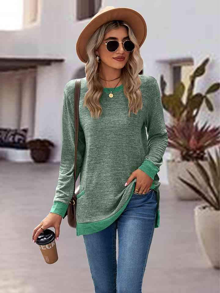 Round Neck Long Sleeve Blouse Blouses - Tophatter Daily Deals