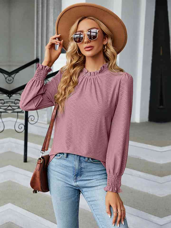 Round Neck Flounce Sleeve Blouse Moonlit Mauve Women's T-Shirts - Tophatter Daily Deals