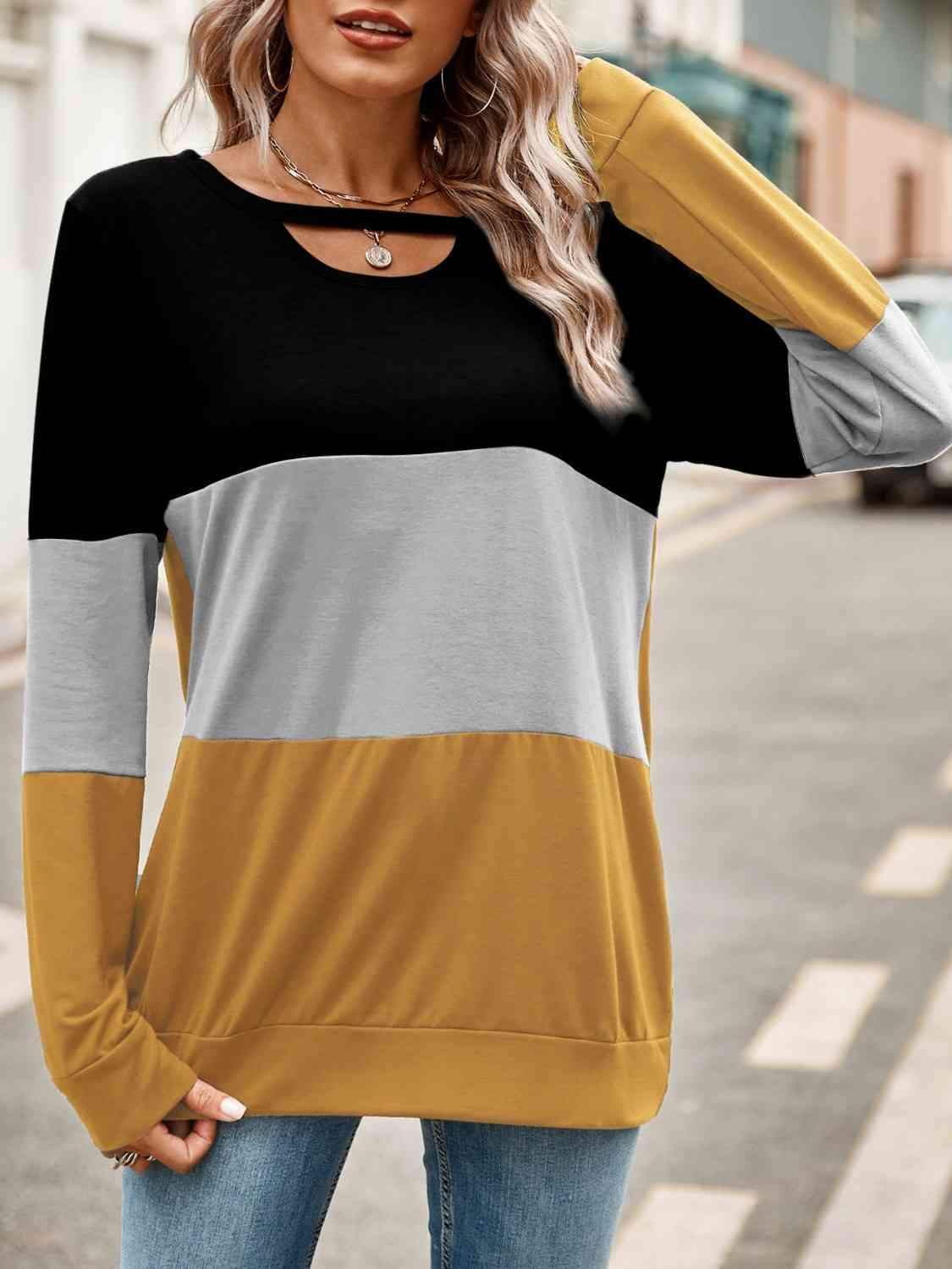 Color Block Cutout Round Neck Long Sleeve T-Shirt Terracotta Women's T-Shirts - Tophatter Daily Deals