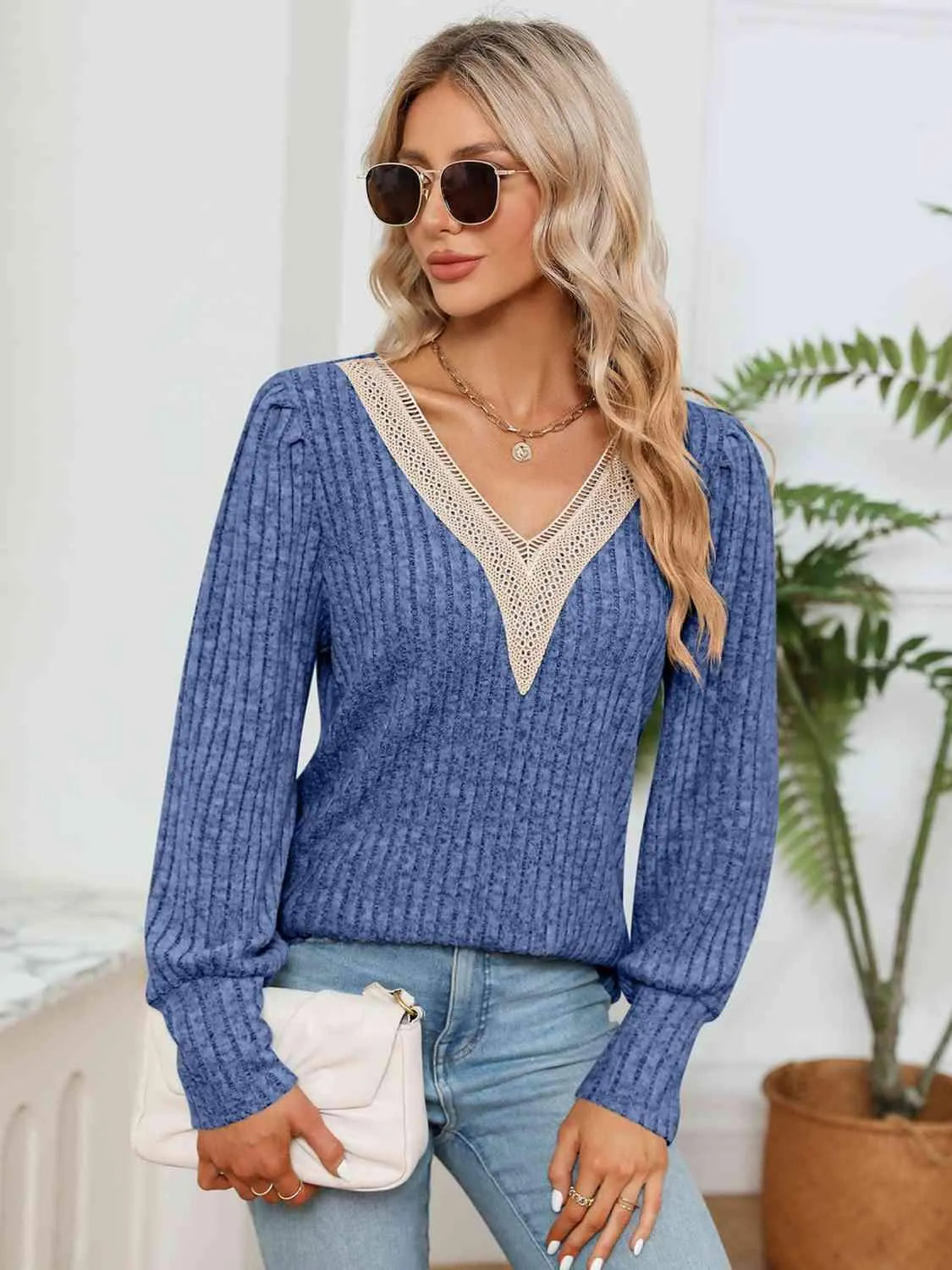 Lace Detail V-Neck Ribbed Blouse Blouses - Tophatter Daily Deals