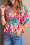 Printed V-Neck Babydoll Blouse Hot Pink Blouses - Tophatter Daily Deals