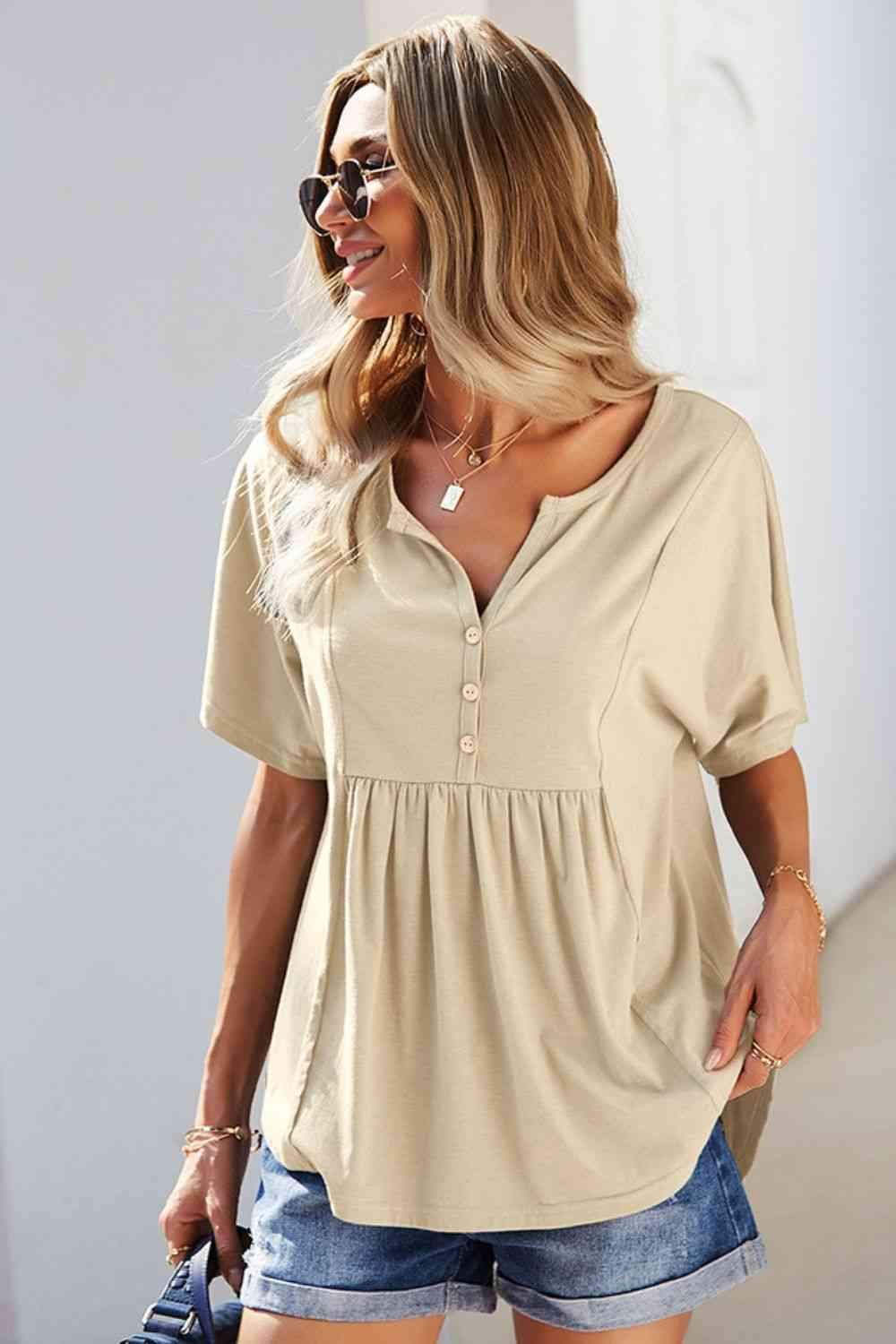 Double Take Buttoned Notched Neck Short Sleeve Top Blouses - Tophatter Daily Deals