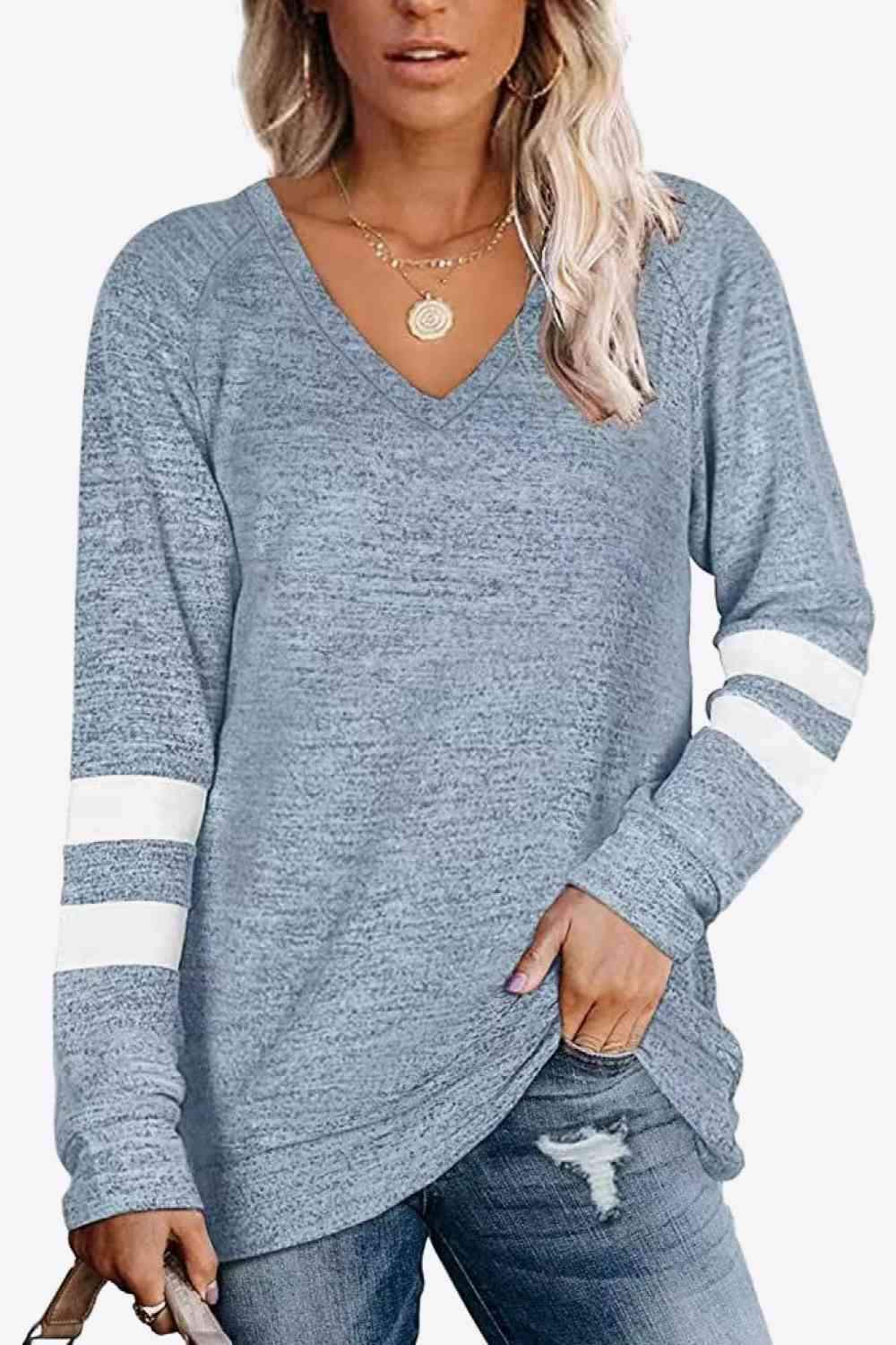 Striped Contrast Raglan Sleeve Top Sky Blue Women's T-Shirts - Tophatter Daily Deals