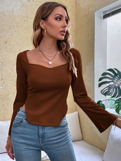 Slit Sweetheart Neck Flare Sleeve T-Shirt Chocolate Women's T-Shirts - Tophatter Daily Deals