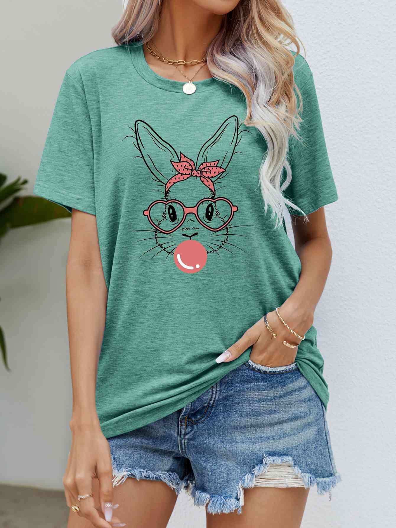 Easter Bunny Graphic Round Neck T-Shirt Gum Leaf Women's T-Shirts - Tophatter Daily Deals