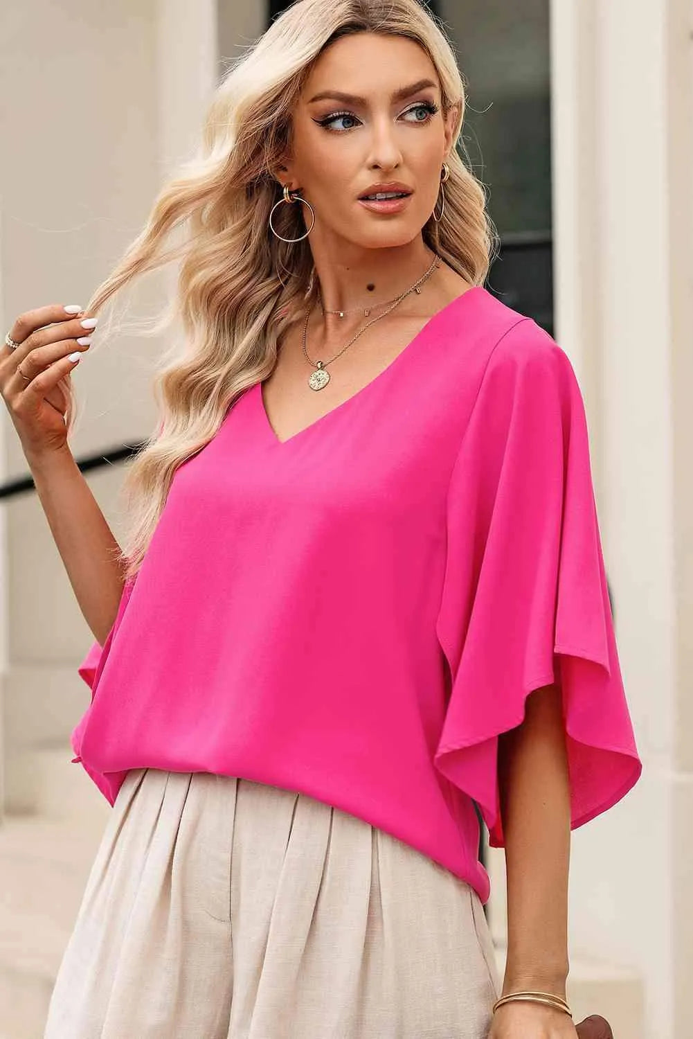 V-Neck Cloak Sleeve Blouse Blouses - Tophatter Daily Deals