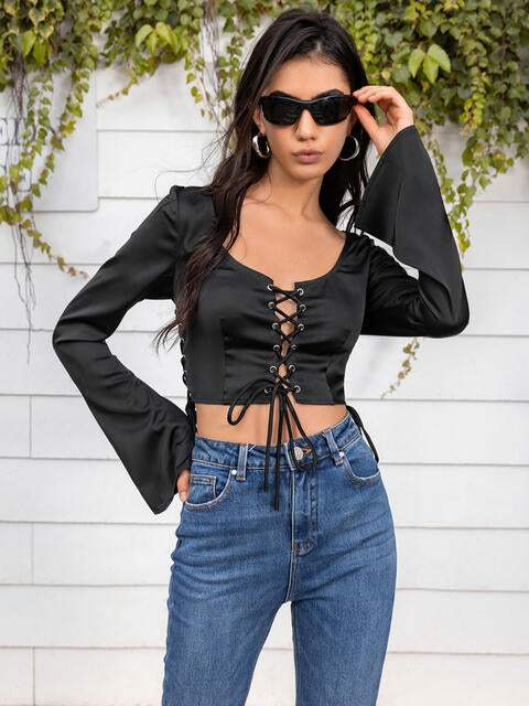 Flare Sleeve Lace Up Crop Top Black Blouses - Tophatter Daily Deals