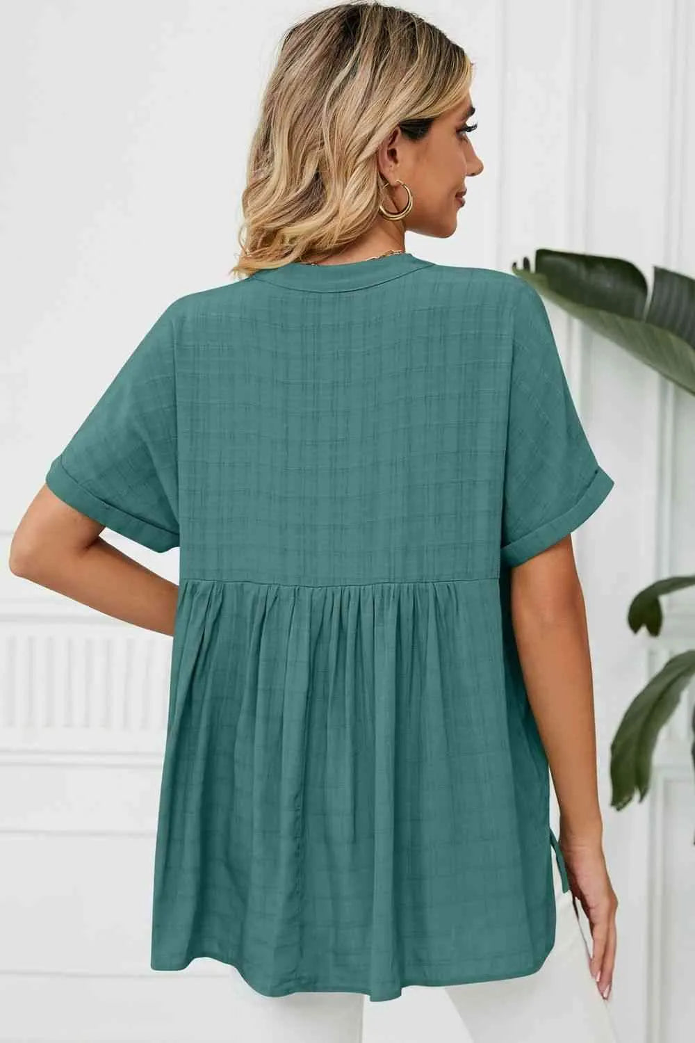 Side Slit Notched Neck Cuffed Short Sleeve Blouse Blouses - Tophatter Daily Deals