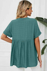 Side Slit Notched Neck Cuffed Short Sleeve Blouse Blouses - Tophatter Daily Deals