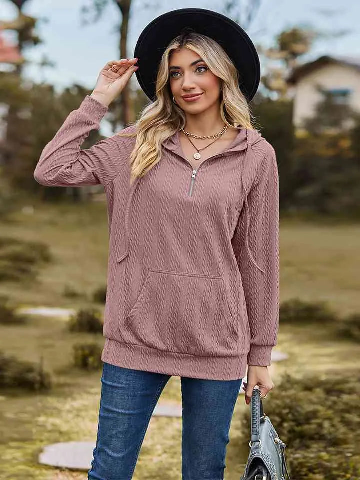 Cable-Knit Zip-Up Hooded Blouse Dusty Pink Blouses - Tophatter Daily Deals