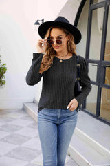Round Neck Long Sleeve Ribbed Blouse Black Blouses - Tophatter Daily Deals