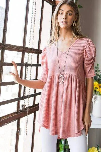 Heimish Full Size Waffle Knit V-Neck Babydoll Top Blouses - Tophatter Daily Deals