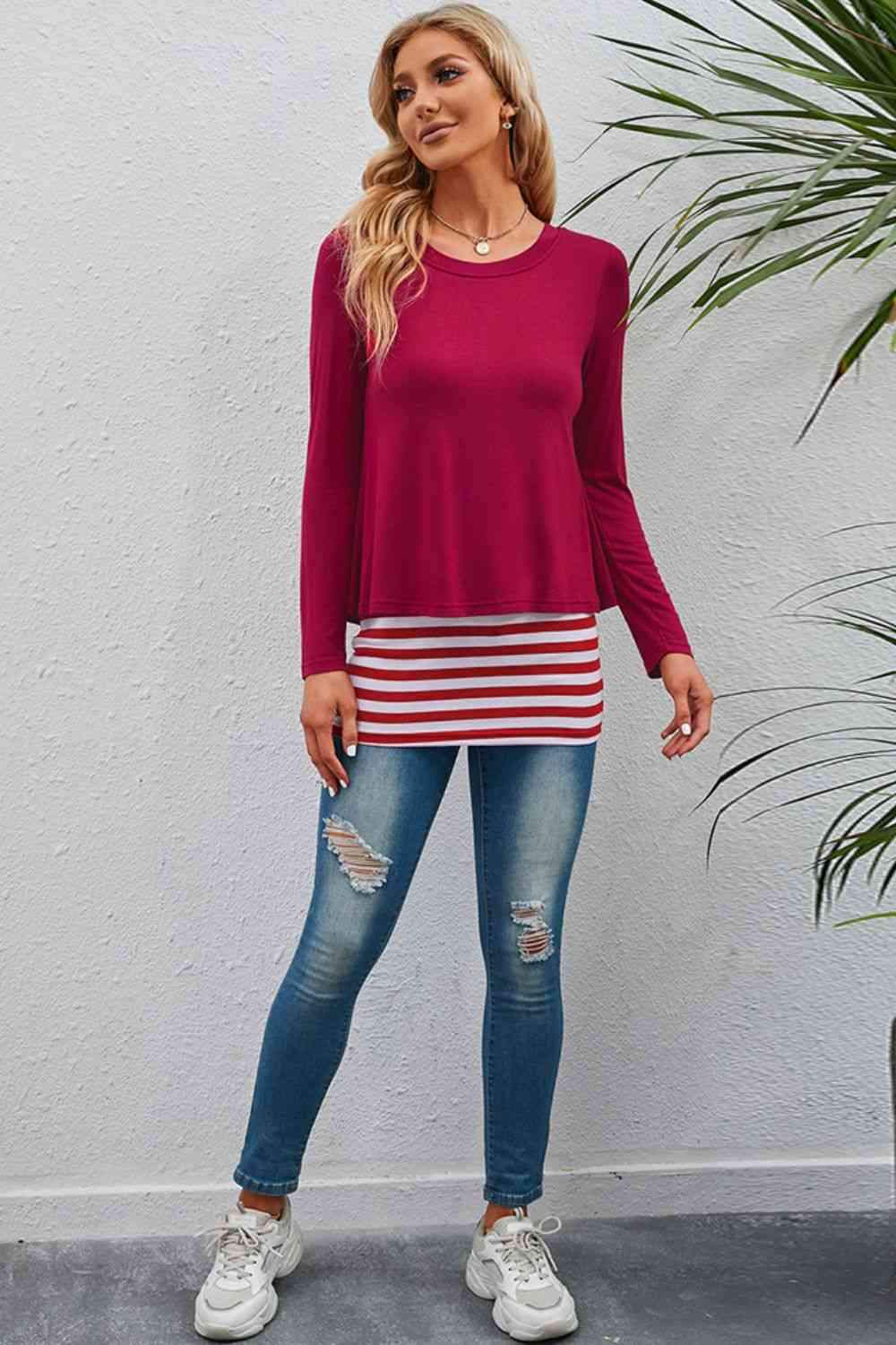 Full Size Striped Faux Layered Long Sleeve Top Women's T-Shirts - Tophatter Daily Deals