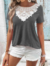 Spliced Lace Contrast Short Sleeve Top Dark Gray Blouses - Tophatter Daily Deals