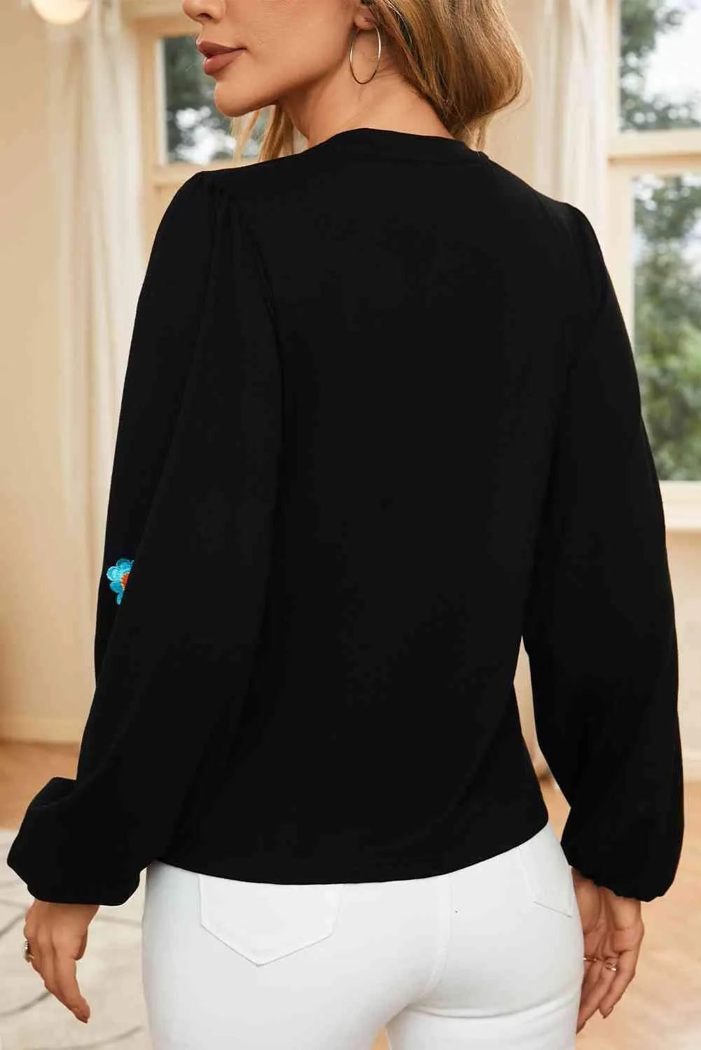 Flower Round Neck Balloon Sleeve Blouse Blouses - Tophatter Daily Deals