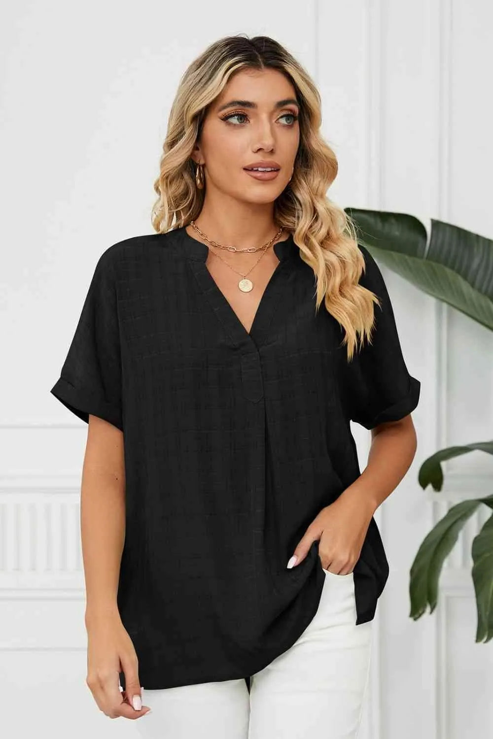 Side Slit Notched Neck Cuffed Short Sleeve Blouse Black Blouses - Tophatter Daily Deals