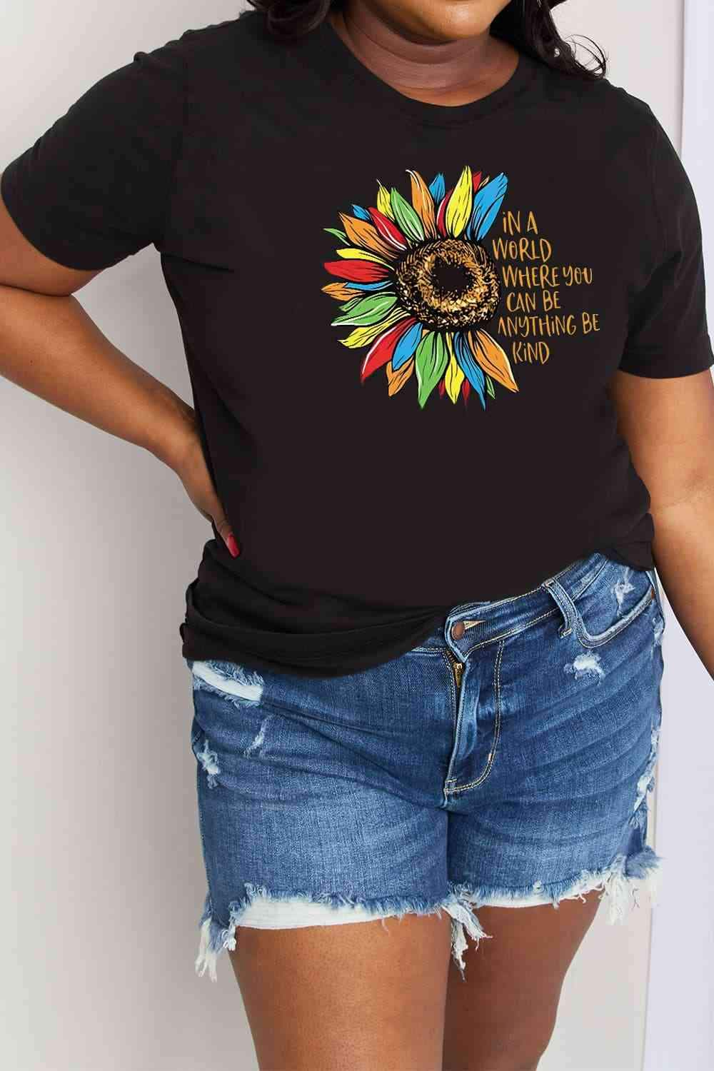 Simply Love Full Size Flower Slogan Graphic Cotton Tee Black Women's T-Shirts - Tophatter Daily Deals