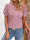 Eyelet Notched Puff Sleeve T-Shirt Light Mauve Women's T-Shirts - Tophatter Daily Deals