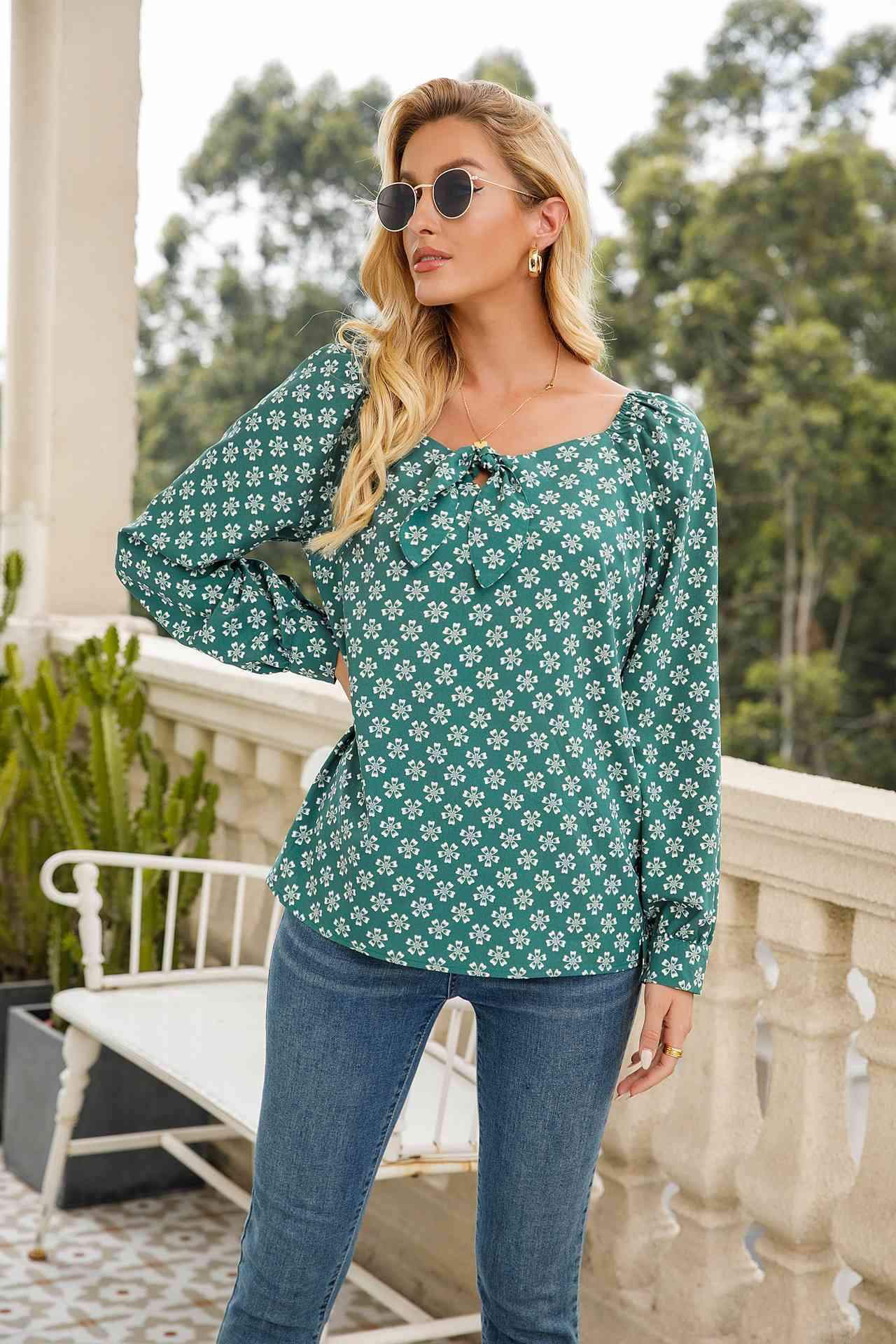 Printed Tied Sweetheart Neck Long Sleeve Blouse Blouses - Tophatter Daily Deals