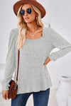 Ribbed Square Neck Long Sleeve T-Shirt Light Gray Women's T-Shirts - Tophatter Daily Deals