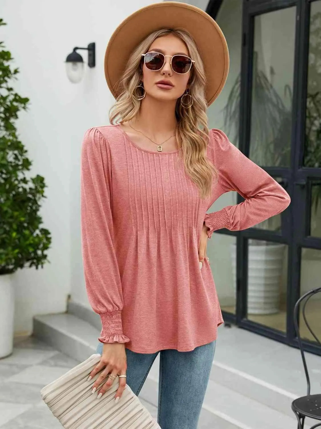 Smocked Round Neck Lantern Sleeve Blouse Burnt Coral Blouses - Tophatter Daily Deals