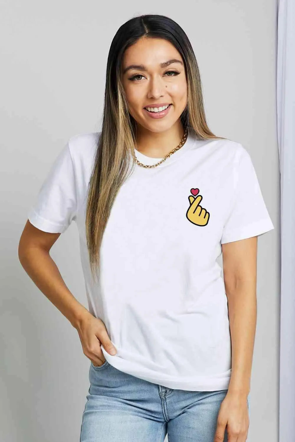 Simply Love Finger Heart Emoji Graphic Cotton T-Shirt Bleach Women's T-Shirts - Tophatter Daily Deals