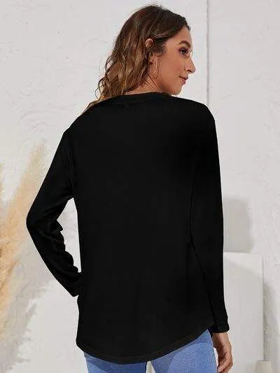 Decorative Button Round Neck Long Sleeve T-Shirt Women's T-Shirts - Tophatter Daily Deals