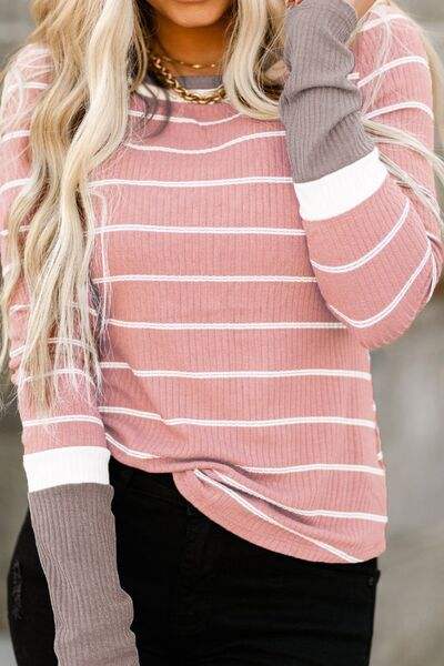 Striped Round Neck Long Sleeve T-Shirt Blush Pink Women's T-Shirts - Tophatter Daily Deals