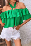 Halter Neck Ruffled Layered Blouse Mid Green Blouses - Tophatter Daily Deals