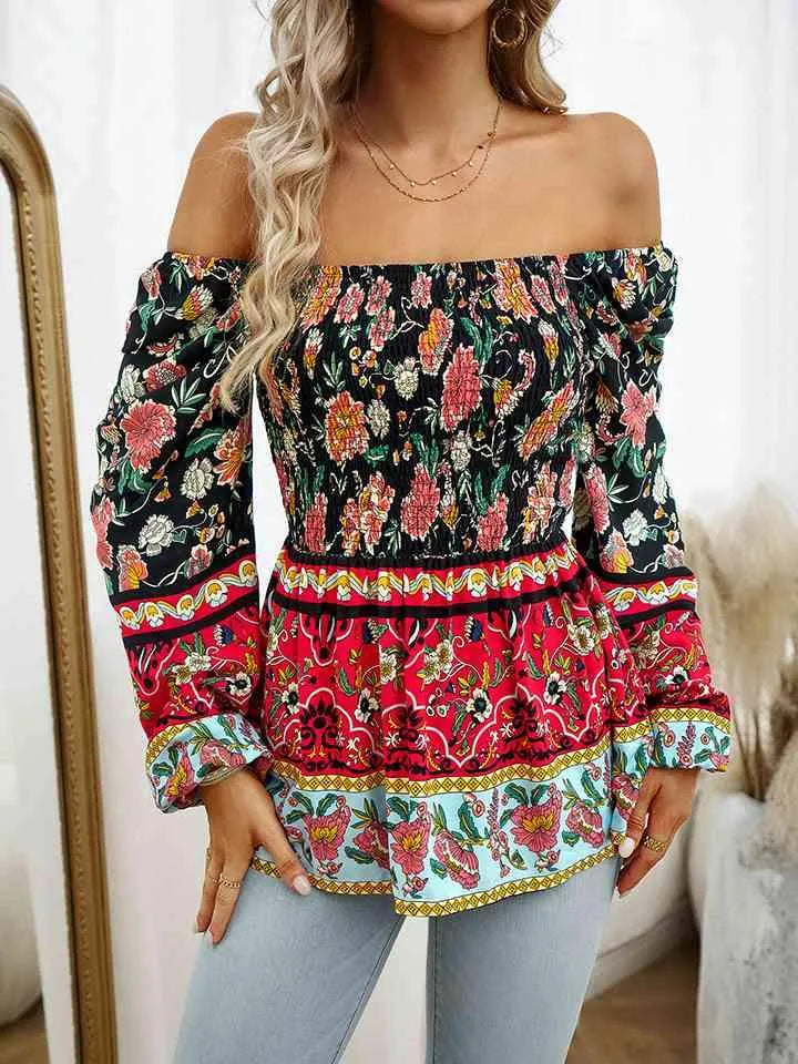 Square Neck Printed Blouse Black Blouses - Tophatter Daily Deals