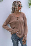 Lace-Up V-Neck Ribbed Top Brown Blouses - Tophatter Daily Deals