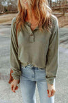 Buttoned Round Neck Long Sleeve Top Moss Blouses - Tophatter Daily Deals