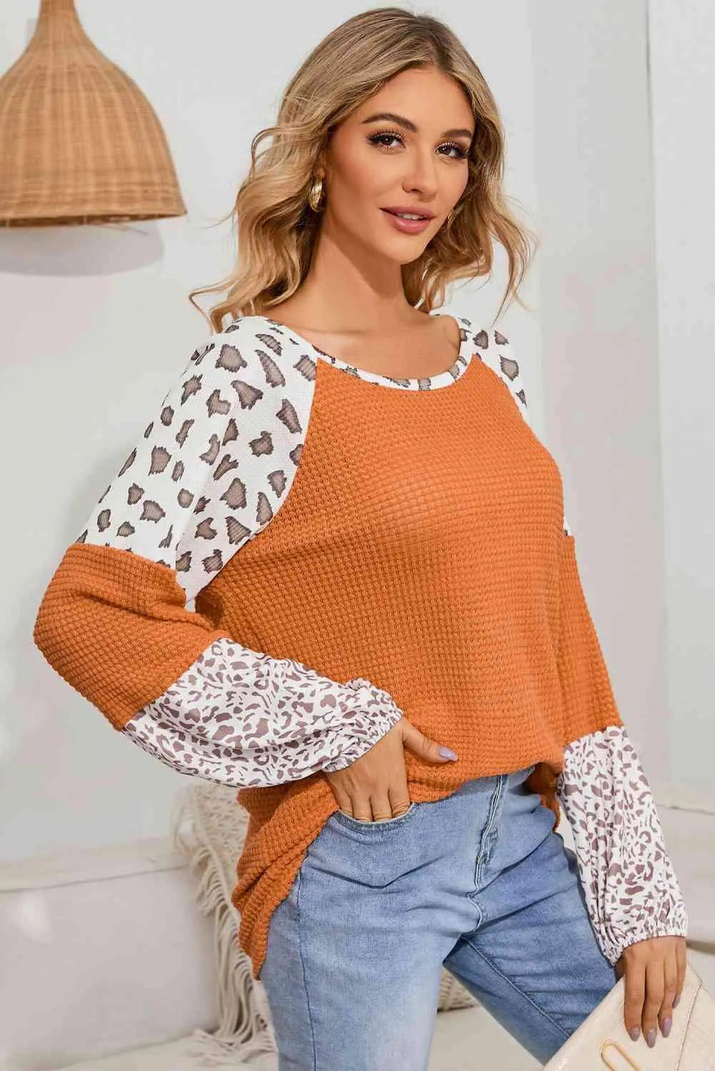 Leopard Waffle-Knit Long Sleeve Blouse Blouses - Tophatter Daily Deals