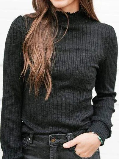 Textured Mock Neck Long Sleeve T-Shirt Black Women's T-Shirts - Tophatter Daily Deals
