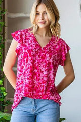 Heimish Full Size Printed Ruffle Cap Sleeve Top Blouses - Tophatter Daily Deals