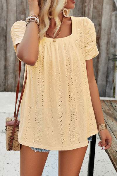 Eyelet Square Neck Puff Sleeve T-Shirt Women's T-Shirts - Tophatter Daily Deals